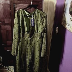 Green Long Sleeved Long Dress with Black Polka Dots